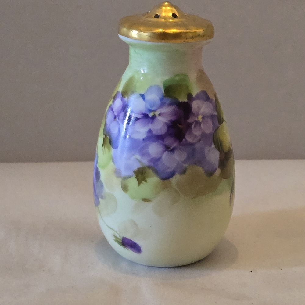 Hand-Painted Floral Porcelain Shaker with Gold Top - Purple & Green